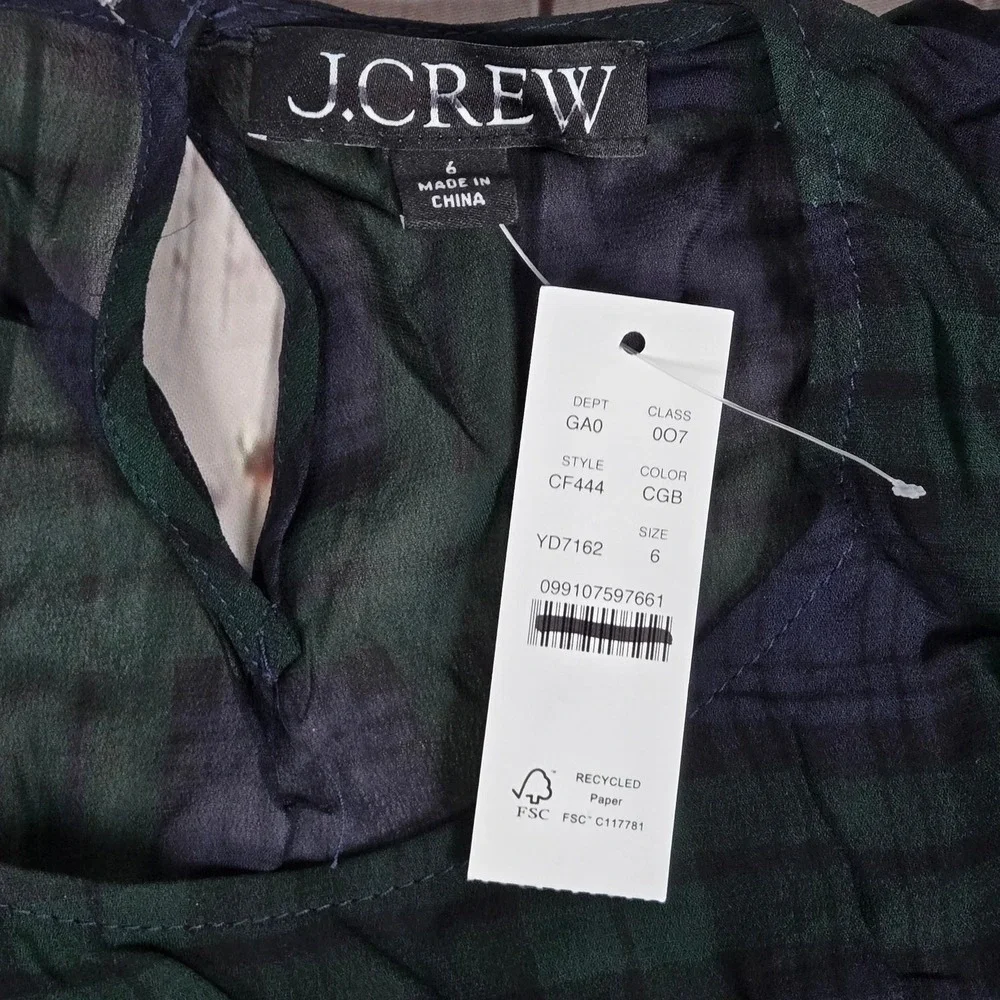 J. Crew Chiffon shirred-waist top in Black Watch tartan Cooper‎ Green Blue 6 NWT
